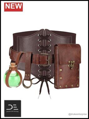 Renaissance Corset Belt with Pouch PU Leather Elastic Lace-Up Halloween Costume